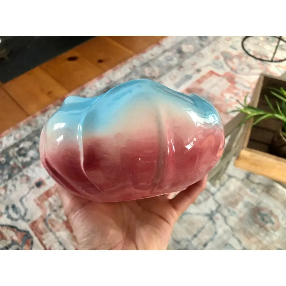Vintage 1970s Ceramic Pansy Bud Vase Ring Planter Pink Blue Mid Century Modern